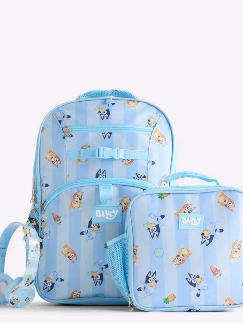 BBC Bluey Unisex Striped Sister Dance Backpack Set with Lunch Bag and Headphones